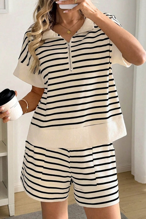 Stripe Colorblock Zip Polo & Drawstring Shorts Set